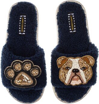 Laines London Teddy Towelling Slipper Sliders With Mr Beefy & Paw Brooch - Navy