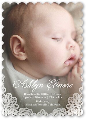 Birth Announcements: Elegant Lace Border Birth Announcement, White, Pearl Shimmer Cardstock, Scallop