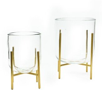 Storied Home Decorative Glass Candle Holders with Metal Stands, Clear and Gold, Set of 2