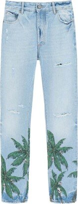 palm tree print regular fit jeans in distressed denim-AA