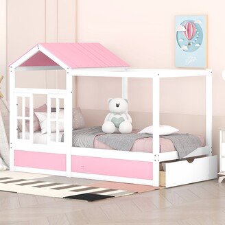 GREATPLANINC House Bed for Kids, Twin Montessori Bed, Solid Wood Platform Bed Frame with Storage Drawers, Roof & Window, No Box Spring Needed