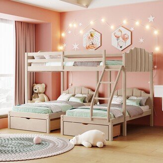 GEROJO Beige Velvet Full Over Twin & Twin Triple Bunk Bed with Drawers and Guardrails, Sturdy Pine Wood Construction