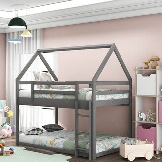 EYIW Twin over Twin Low Bunk Bed with Ladder, Solid Pinewood House Bed Frame with Guardrails