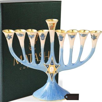 Matashi Hand Painted Enamel Menorah Candelabra w/ Star of David Design & Gold Accents w/ Crystals