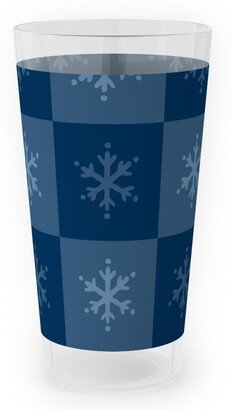 Outdoor Pint Glasses: Scandi Cozy Winter Checkered Blue Snowflake Outdoor Pint Glass, Blue