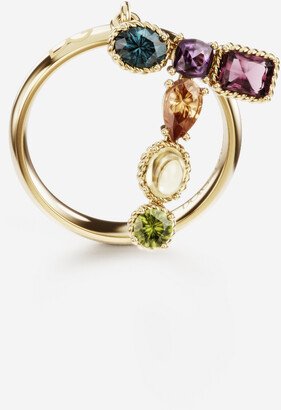 Rainbow alphabet T ring in yellow gold with multicolor fine gems