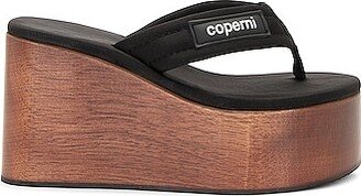 Wooden Branded Wedge Sandal in Black