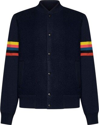 Stripe-Detailed Snapped Knitted Bomber Jacket