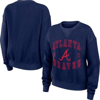 Women's Wear by Erin Andrews Navy Distressed Atlanta Braves Vintage-Like Cord Pullover Sweatshirt