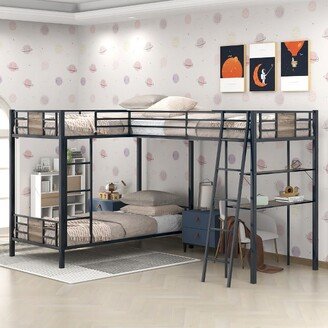 L-Shaped Twin over Twin Bunk Bed with Twin Size Loft Bed with Desk and Shelf , Brown