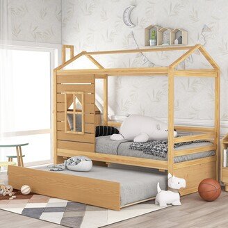 Nestfair Twin Size House Style Wood Bed with Trundle