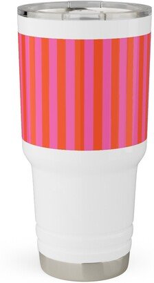 Travel Mugs: Piccadilly Pinstripes In Mod - Orange And Pink Travel Tumbler, 30Oz, Pink