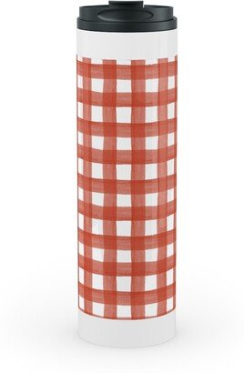 Travel Mugs: Red Watercolor Gingham Stainless Mug, White, 20Oz, Red