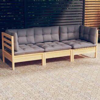 3-Seater Patio Sofa with Gray Cushions Solid Pinewood