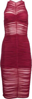 Ruched-Sheer Sleeveless Midi Dress