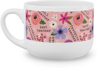 Mugs: Pretty Best Teacher - Floral - Pink Latte Mug, White, 25Oz, Pink