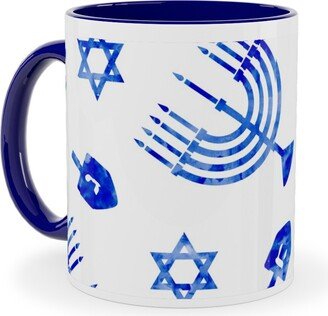 Mugs: Watercolor Hanukkah Menorah, Dreidel, Star Of David - Blue Ceramic Mug, Blue, 11Oz, Blue