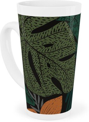 Mugs: Moody Tropical Floral - Orange On Black Tall Latte Mug, 17Oz, Green