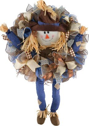 Scarecrow Thanksgiving Deco Mesh Wreath, Fall Front Door Wreath; Burlap Blue Brown