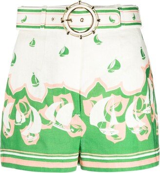 High Tide Sailboat-print belted shorts