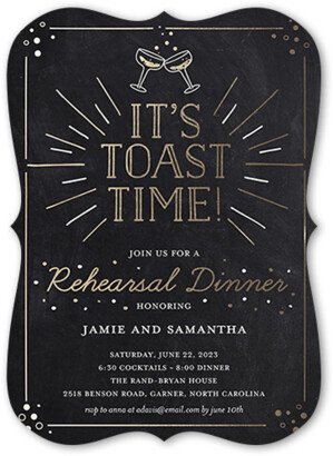 Rehearsal Dinner Invitations: Toast Time Rehearsal Dinner Invitation, Black, 5X7, Pearl Shimmer Cardstock, Bracket