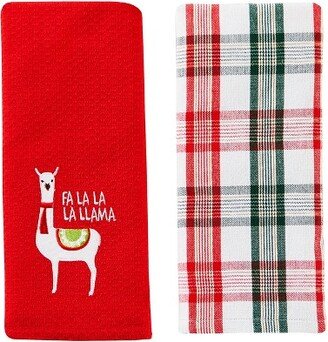 Fa La Llama Red Waffle Design Embroidery 2-Piece Dish Towel Set - 16x26