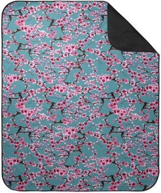 Picnic Blankets: Sakura - Pink On Turquoise Picnic Blanket, Blue