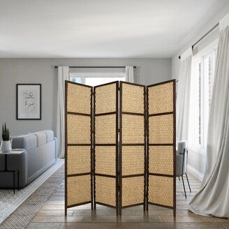 4 Panel Wooden Framed Screen with Sea Grass Woven Design, Brown