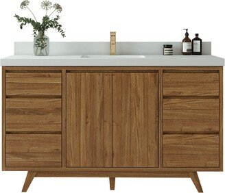 60 In. W X 22 D Madison Teak Single Sink Bathroom Vanity in Dark Natural With Quartz Or Marble Countertop | Mid Century Modern