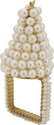 Saro Lifestyle Napkin Rings With Pearl Christmas Tree Design (Set of 4), Off-White