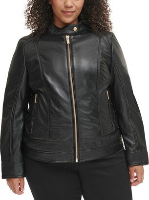Women's Plus Size Quilted-Shoulder Leather Coat, Created for Macy's