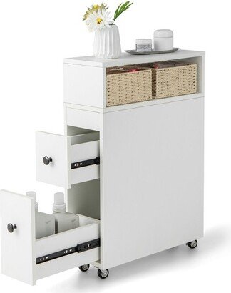 Movable Bathroom Storage Cabinet Narrow Toilet Side Paper Holder w/ 2 Drawers