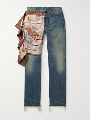 Slim-Fit Straight-Leg Printed Silk Twill-Trimmed Frayed Jeans