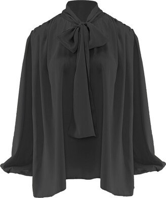 Bluzat Black Blouse With Draped Shoulders & Bow Ribbon