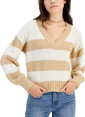 Juniors' V-Neck Boucle Striped Sweater