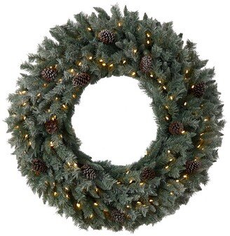 Large Flocked Artificial Christmas Wreath with Pinecones, 150 Clear Led Lights and 360 Bendable Branches, 4'