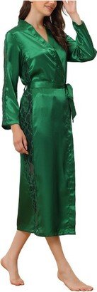 cheibear Women' Satin Robe Lace Trim Long Sleeve Bridemaid Gown Bathrobe Green X-Large