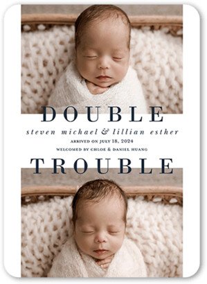 Birth Announcements: Double Trouble Birth Announcement, White, 5X7, Matte, Signature Smooth Cardstock, Rounded