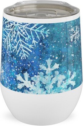 Travel Mugs: Whinsical Snowflakes Handpainted With Watercolors - Blue Stainless Steel Travel Tumbler, 12Oz, Blue