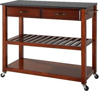 Solid Black Granite Top Kitchen Cart/Island with Optional Stool Storage - Classic Cherry