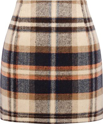 Kinghua Womens Wool Plaid Mini Skirt Fall Winter High Waisted Bodycon Pencil Skirt (Dark Brown