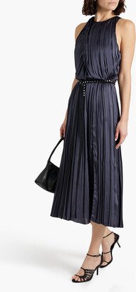 Cutout studded wrap-effect satin midi dress