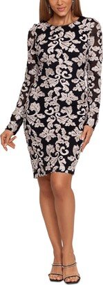 Petite Embroidered Long-Sleeve Sheath Dress - Bk/nud/pnk