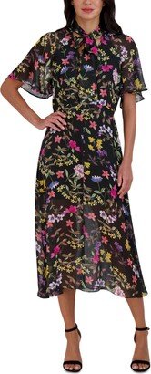 Women's Floral-Print Tie-Neck Midi Dress