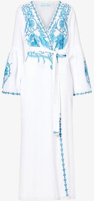 Womens White/blue Romilly Floral-embroidered Cotton and Linen-blend Cover up