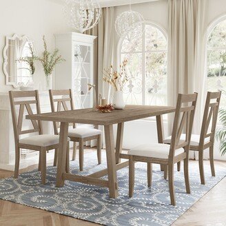 Aoolive Rustic 5-Piece Large Wood Dining Table Set with 70inch Table and 4 Upholstered Dining Chairs