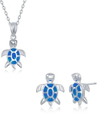 Sterling Silver Blue Created Opal Turtle Pendant Necklace & Earrings Set