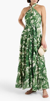 Tiered printed crepe halterneck maxi dress