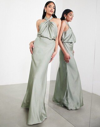 Bridesmaid satin ruched halter neck maxi dress in sage green