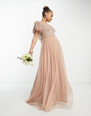 Beauut Bridesmaid emellished bodice maxi dress with flutter sleeve in taupe